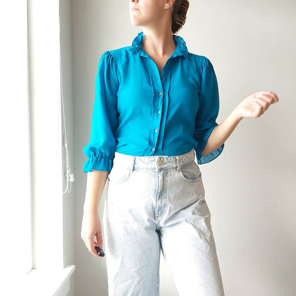 Vintage 80s 90s Ruffle Mock Neck Semi-Sheer Button-Up Blouse - Picture 3 of 10